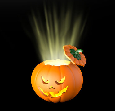 Hat off pumpkin with rays inside and an angry face. Halloween. Black background. 3d render