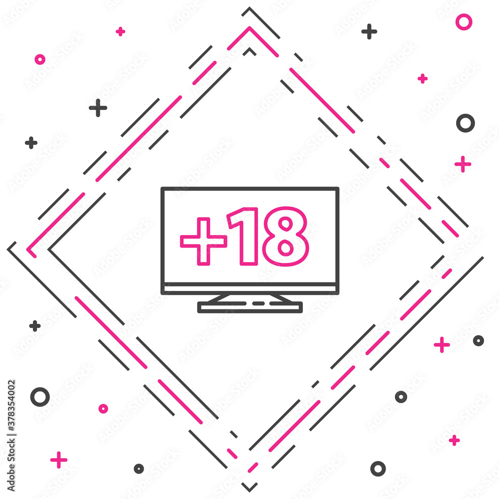 Poster line computer monitor with 18 plus content icon isolated on white background. age restriction symbol