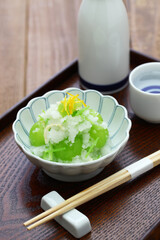 It's a Japanese fruits salad with fresh Shine Muscat grape and Japanese honewort seasoned with grated daikon dressing.
