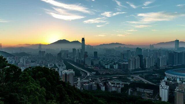 Overlooking the modern city sunset