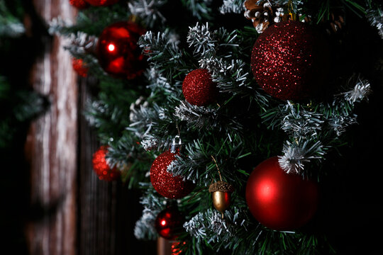 Close-up photo with decorations of christmas tree. Selective focus. Narrow depth of field.