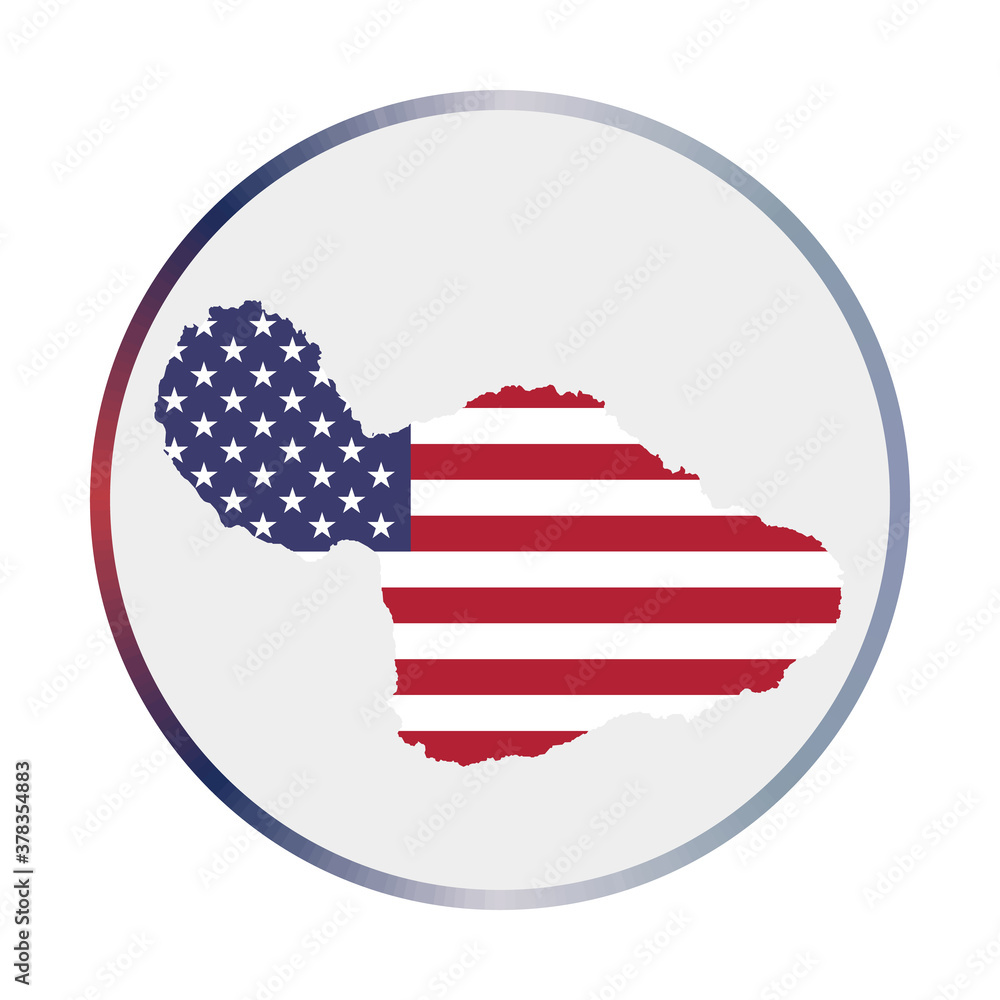 Poster maui icon. shape of the island with maui flag. round sign with flag colors gradient ring. artistic v