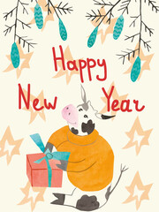 Postcard with watercolor New Year bulls with spruce branches and cones.Christmas cows in blue, orange, brown colors, festive cute bulls on a cream background. 2021 hand drawn sign of the year.