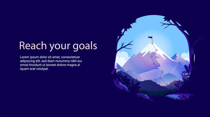 Reach your goals - Mountain top with flag and copy space for text. Presentation slide or web image for achievements and business goal. Vector illustration.