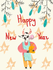 Fototapeta premium Card with watercolor New Year bulls with spruce branches and cones.Christmas cows in blue, orange, brown colors, festive cute bulls with gift on a cream background. 2021 hand drawn sign of the year.