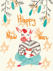 Card with watercolor New Year bulls with spruce branches and cones.Christmas cows in blue, orange, brown colors, festive cute bulls with drink  on a cream background. 2021 hand drawn sign of the year.
