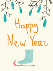 Card with watercolor skate with spruce branches and cones. Christmas clothes in blue, orange, brown colors, festive cute shoes on a cream background. Sports equipment painted by hand.