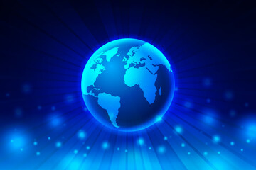 Blue shining Planet Earth with World map in space. Vector futuristic background