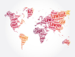 Fototapeta na wymiar Lawsuit word cloud in shape of world map, law concept background