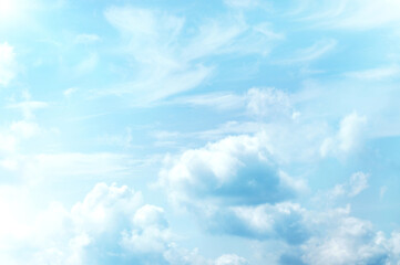 Obraz premium Blue sky with white cloud. Blue background. The summer sky is colorful clearing day and beautiful nature in the morning. for backdrop decorative and wallpaper design. The perfect sky background.