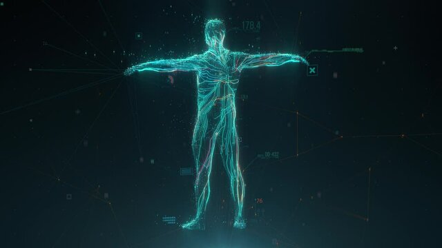 Biometric scan of human body with data and Infographics. Identification technology concept. Medical diagnostics