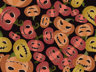 Obraz premium Halloween seamless pattern with scary pumpkins. Jack-o-lantern flat design. Halloween background with creepy pumpkins for wrapping paper, print, fabric and printing. Vector illustration