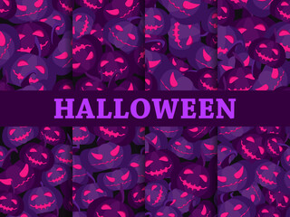Halloween seamless pattern with scary pumpkins. Jack-o-lantern flat design. Set of Halloween backgrounds with creepy pumpkins for wrapping paper, print, fabric and printing. Vector illustration