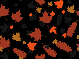 Falling leaves seamless pattern. Autumn leaves, leaf fall. Oak and maple. Background for wrapping paper, print, fabric and printing. Vector illustration