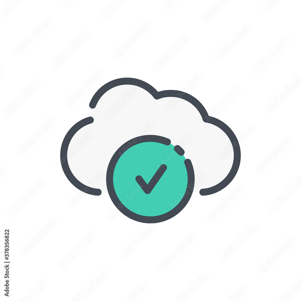 Poster cloud service with check mark color line icon. cloud server with tick vector outline colorful sign.