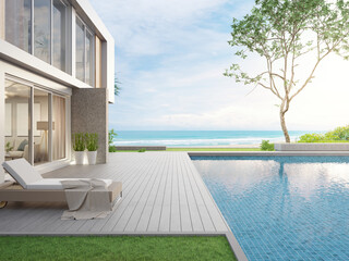Lounge chair on terrace near swimming pool and garden in modern beach house or luxury villa. Building exterior 3d rendering with sea view.
