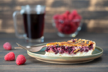 Homemade organic blackberry pie dessert ready to eat. Blackberry tart on the old wooden background,...
