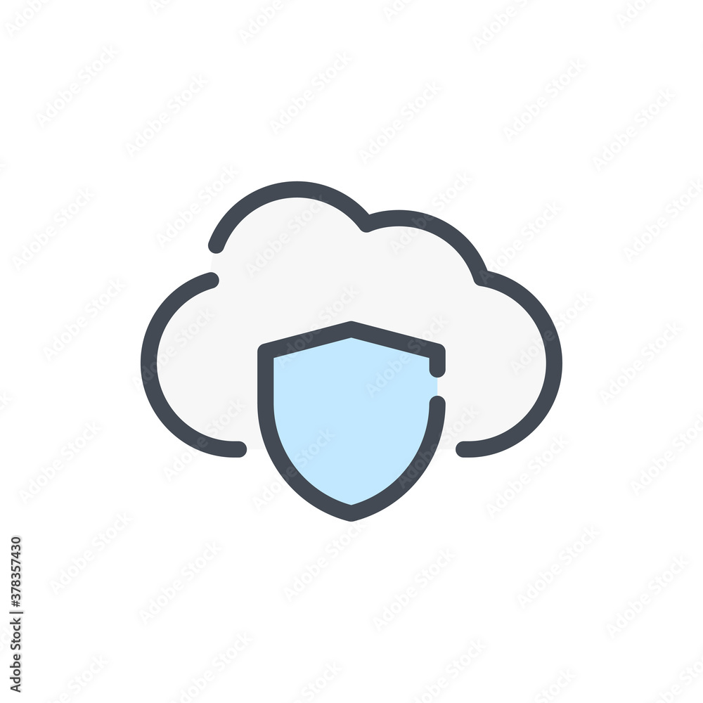 Poster cloud service protection color line icon. shield with cloud vector outline colorful sign.