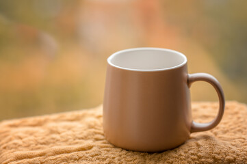 a brown mug near the window. fall