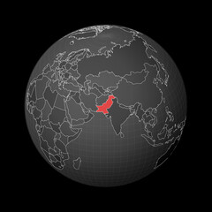 Dark globe centered to Pakistan. Country highlighted with red color on world map. Satellite world projection. Classy vector illustration.