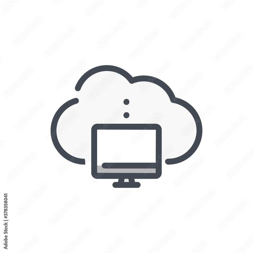 Poster computer connection to cloud service color line icon. pc connect to cloud server vector outline colo