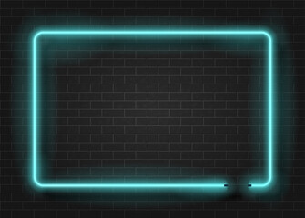Neon light rectangle template on dark brick wall