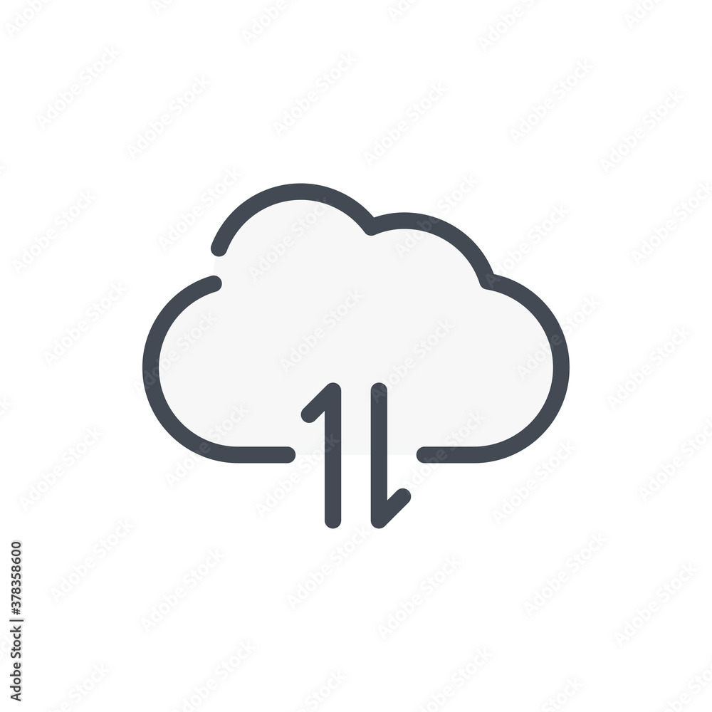 Poster data transfer of cloud service color line icon. synchronization of cloud server vector outline color