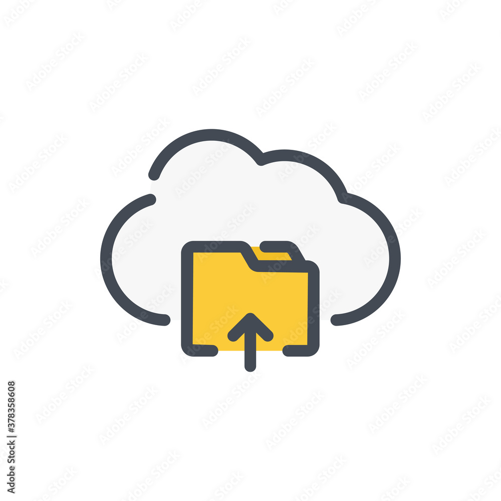 Poster upload files to cloud service color line icon. folder with arrow up and cloud server vector outline 