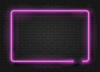 Neon light rectangle template on dark brick wall