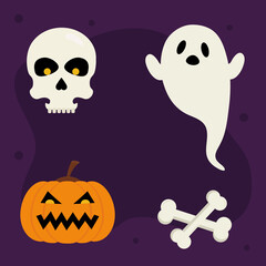 halloween pumpkin skull bones and ghost design, happy holiday and scary theme Vector illustration