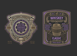 Two stylish vintage whiskey labels. Logo template design for alcohol bottle or can