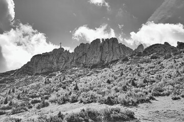the famous mountain called Kampenwand in Bavaria, Germany, black and white photo