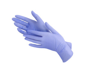 Medical nitrile gloves.Two purple surgical gloves isolated on white background with hands. Rubber glove manufacturing, human hand is wearing a latex glove. Doctor or nurse putting on protective gloves