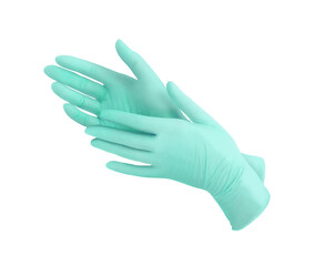 Medical nitrile gloves.Two green surgical gloves isolated on white background with hands. Rubber glove manufacturing, human hand is wearing a latex glove. Doctor or nurse putting on protective gloves