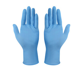 Medical nitrile gloves.Two blue surgical gloves isolated on white background with hands. Rubber...