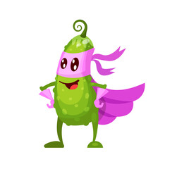 Funny cartoon character vegetable cucumber in superhero costume at masks emotion. Vegetable character super hero product fun food costume vector illustration
