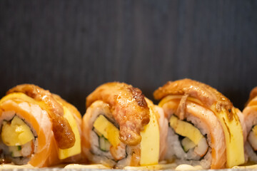 Tasty and fresh maki sushi rolls. Delicious Japanese food.