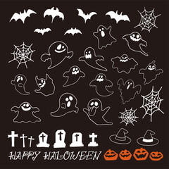 Fototapeta premium ハロウィンのイラスト素材 手書き風 白いライン 単色 ゴースト パンプキン お墓 かぼちゃ