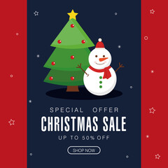 christmas sale with pine tree and snowman design, offer shop now and ecommerce theme Vector illustration