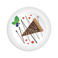 Vector isolated piece of chocolate cake on a white plate. Top view.