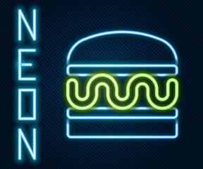 Glowing neon line Burger icon isolated on black background. Hamburger icon. Cheeseburger sandwich sign. Fast food menu. Colorful outline concept. Vector.