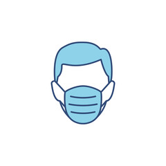 Man head in face mask line blue icon. Protection medical wear from virus, air pollution, flu, dust illustration isolated on white.