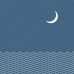 Naklejka na ściany i meble Abstract contemporary aesthetic backgrounds ocean landscapes in night with moon and waves. Vector