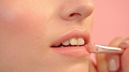 Lips with the professional make up brush, close up shot. High quality photo