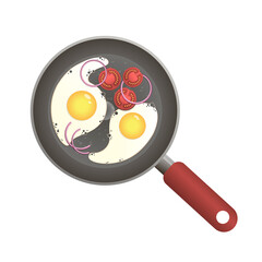Vector isolated frying pan with fryed eggs, tomatoes and onion. Top view.