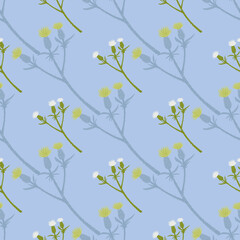 Green and blue burdock branches silhouettes seamless hand drawn pattern. Pastel tones artwork with white and yellow buds.