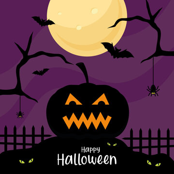 happy halloween with pumpkin cartoon with tree and bats design, holiday and scary theme Vector illustration