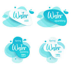 Mineral water tag. Blue label and stikers emblem with drops of water for web and print tag.Still and sparkling water label set. Vector illustration for you design.