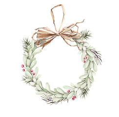 Watercolor Christmas wreath. Botanical frame with traditional plant decoration: mistletoe, Christmas tree branches and red berries. Holiday illustration isolated on white background.