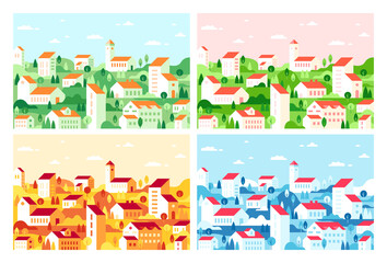Vector geometric minimalist city. Flat city landscape with house, field, valley and trees for website, banner, poster. Winter, spring, summer and autumn. Urban landscape. Four seasons in the city